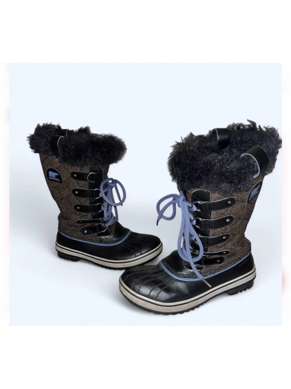 SOREL TOFINO Women’s Black Brown Herringbone Waterproof Snow Boot Blue Laces 7.5
